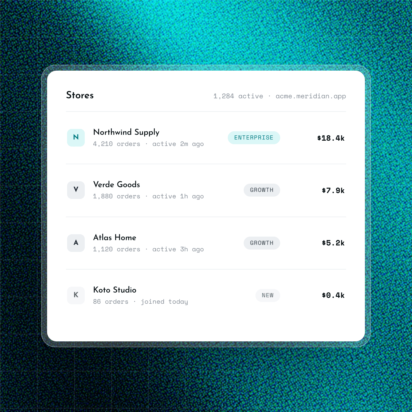 Stores CRM card on a dark teal grain gradient